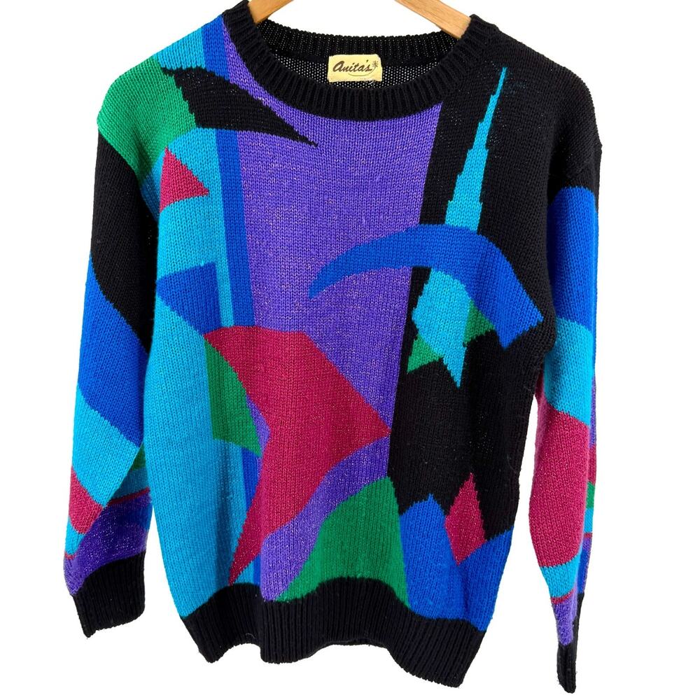 Vintage 80s Anita's Black Purple Geometric Metallic Sweater